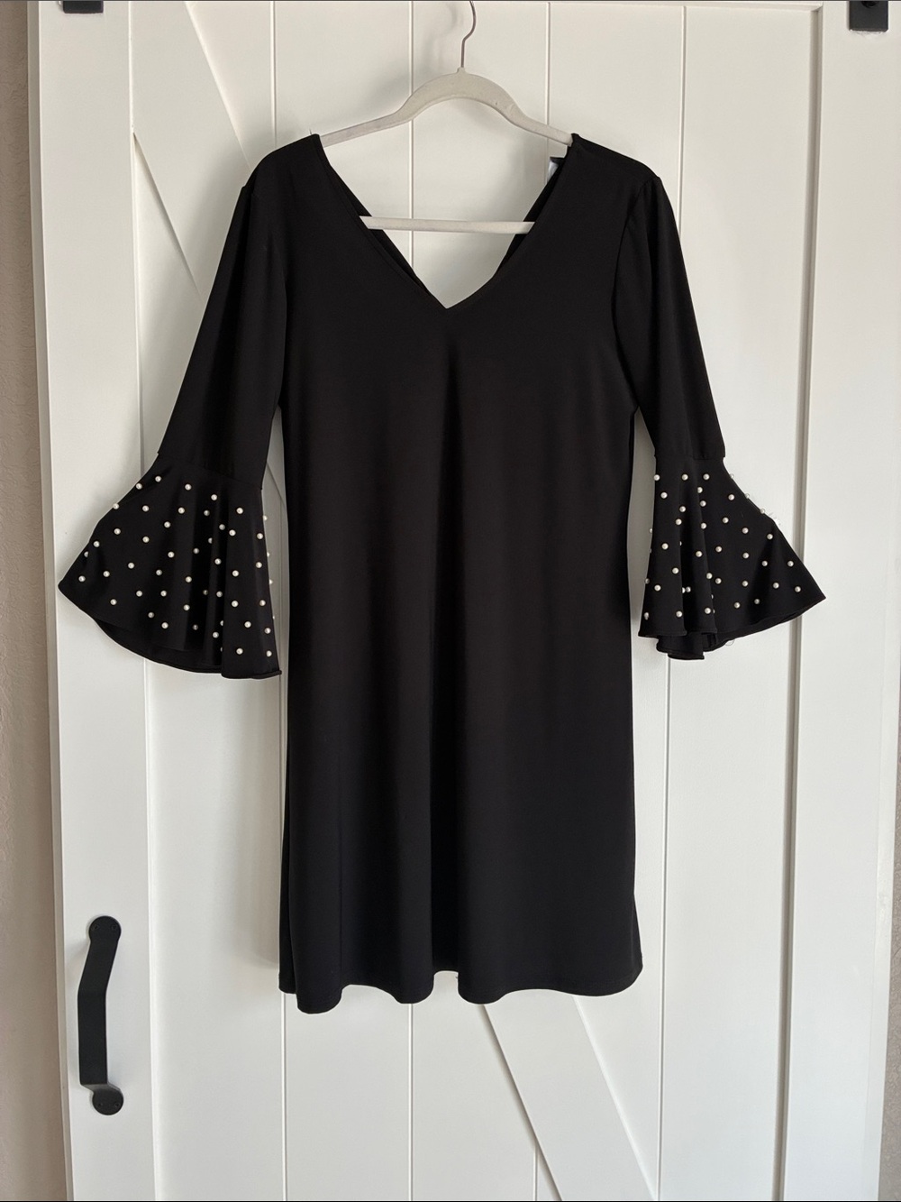 MSK Black V-Neck Dress with Pearl-Studded Bell Sleeves